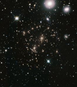 A packed field of galaxies and curved blue streaks and arcs. Large grouping of galaxies warped around what appears to be a giant lens. Each galaxy appears as a glob of light. Bright blue-white foreground star at lower-center and upper left, and bright white foreground galaxies at upper-right.